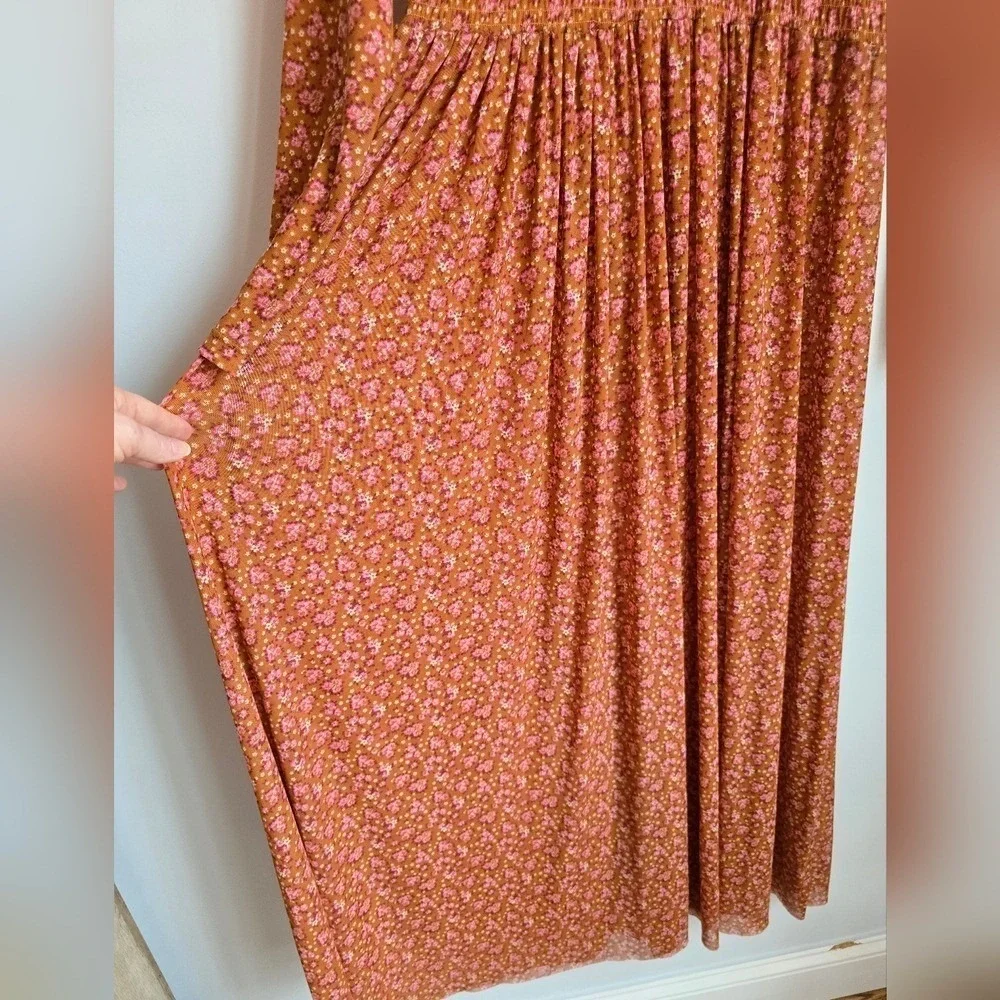 Free People Hello and Goodbye Orange Floral Mesh Smocked Midi Dress SZ Small
